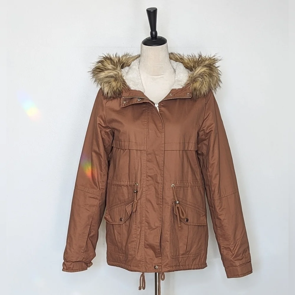 Love Tree Boutique Brown Faux Fur Trimmed Hood Sherpa Lined Jacket Coat Small - Picture 1 of 13